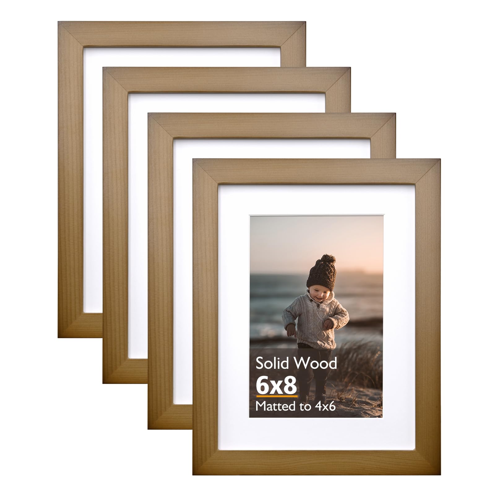 KINLINK 8x6 Picture Frames Brown, Wood Frames with Acrylic Plexiglass for Pictures 6x4 with Mat or 8x6 without Mat, Tabletop and Wall Mounting Display, Set of 4