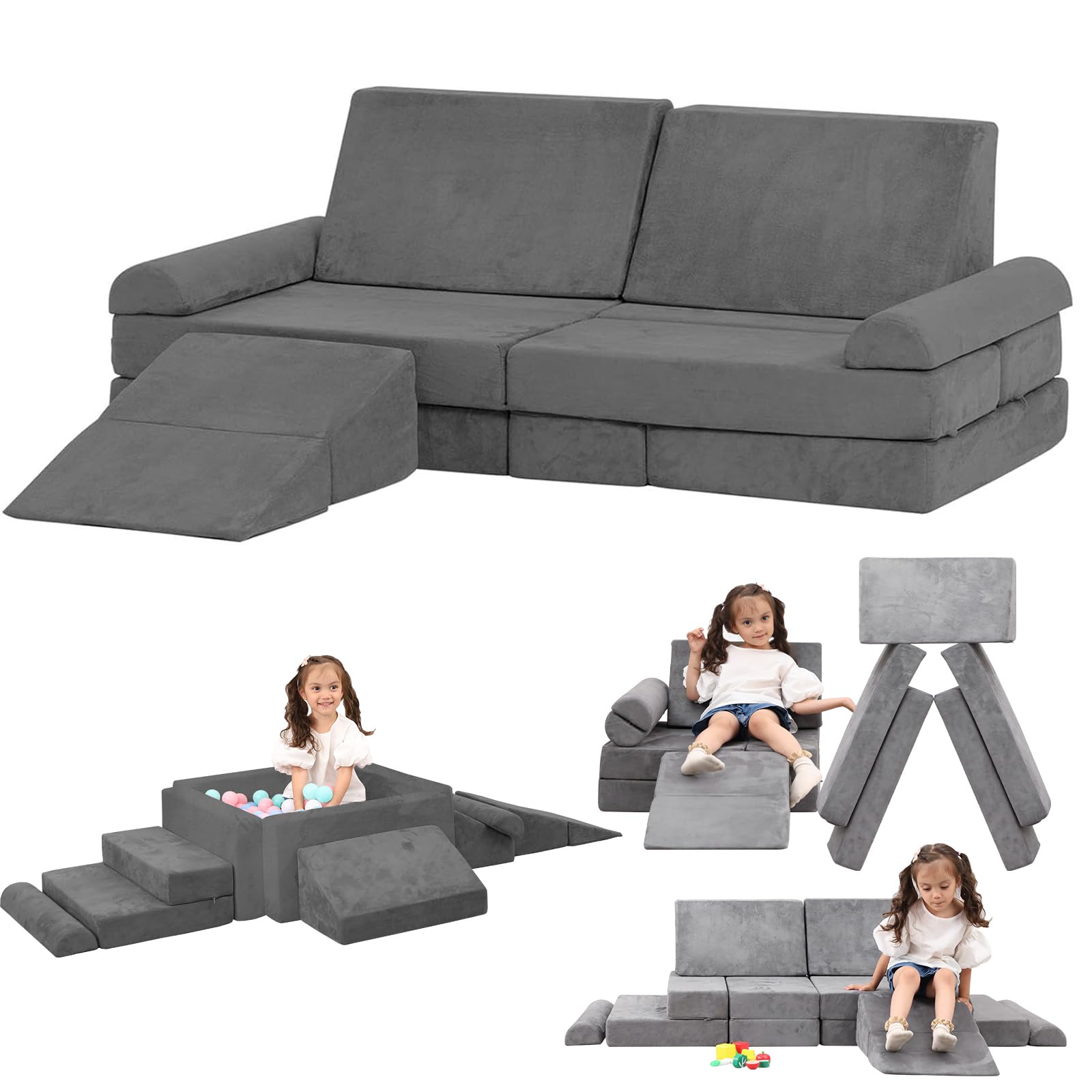 MOOZHEALTH Kids Play Couch- Modular Playset Foam Climbing Blocks for Toddlers Children with Square Ball Pit,Convertible Foam Couch Sofa Indoor Furniture for Playroom, Bedroom(Gray)