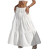 Women's Flowy Flared Ruffle Boho Long Skirt Summer Maxi Skirt Elastic High Waisted