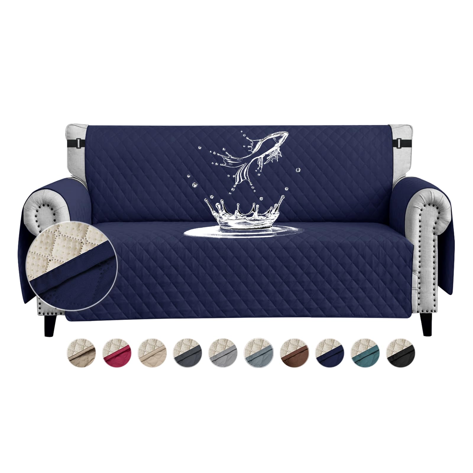 FIGOOO Sofa Covers Water Resistant Sofa Slipcovers 4 Seater Waterproof Reversible Anti-Slip Anti-Scratch Sofa Cover with Non Slip Elastic Straps for Dogs Cats Pets,Navy Blue
