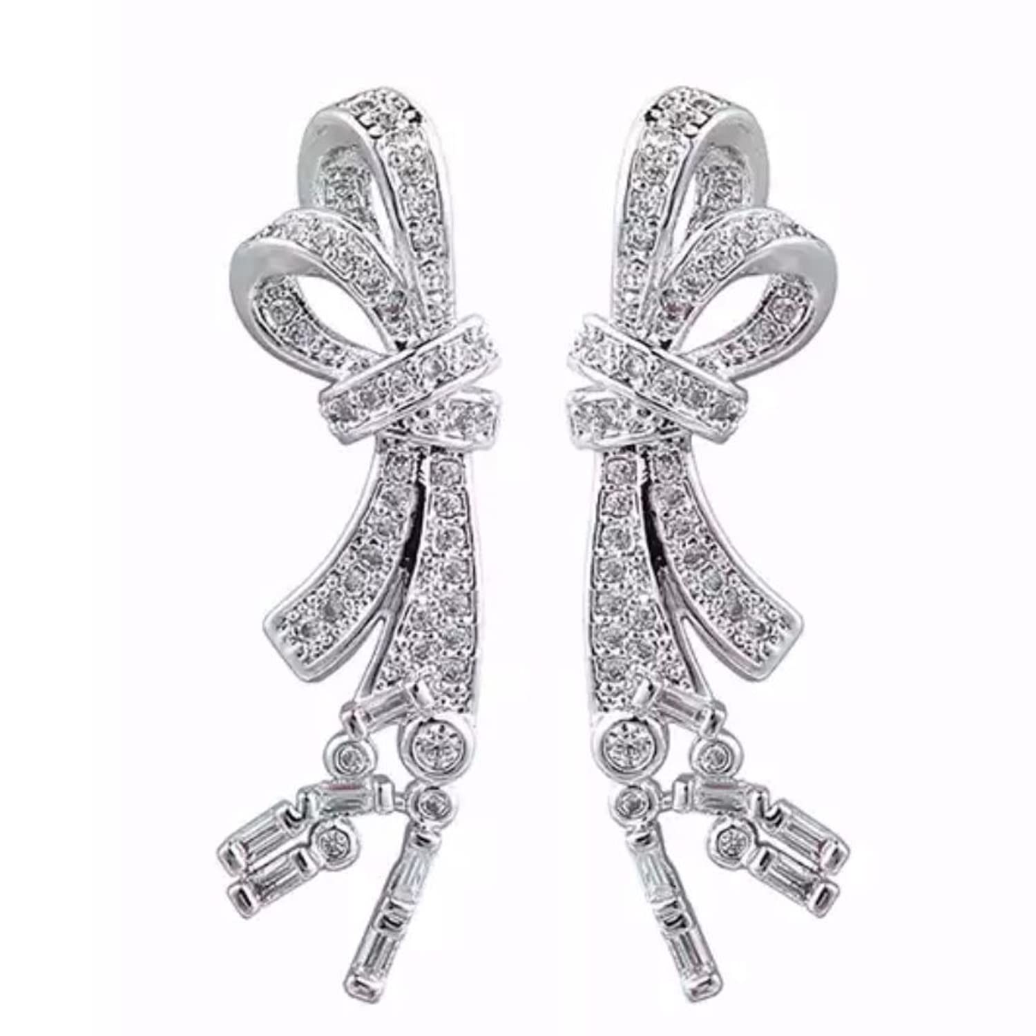 IzuBizu London Womens 925 Sterling Silver Bow Knot Stud Earrings White Cubic Zirconia Tassels Diamond Wedding Anniversary Easter Party Jewellery