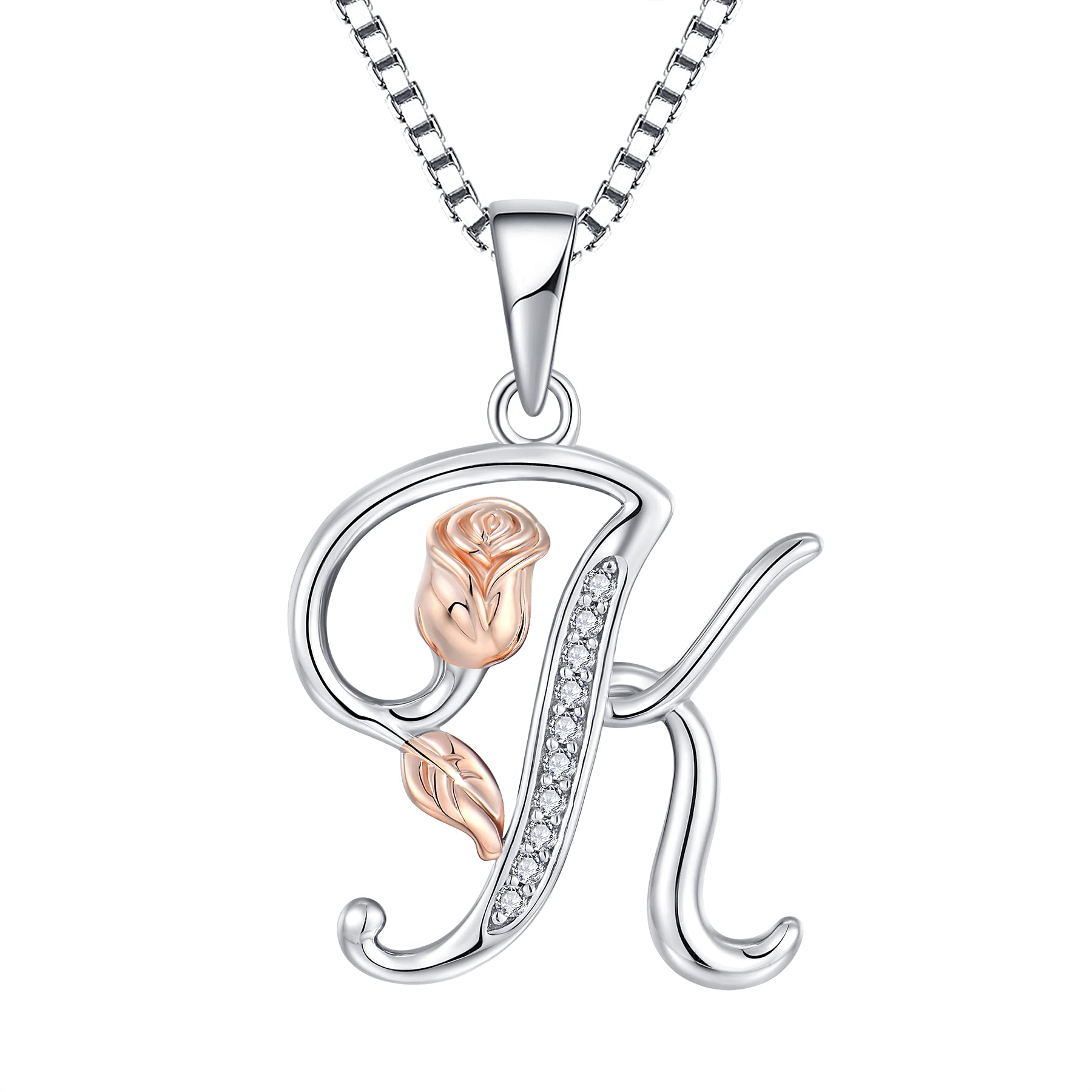 starchenie Alphabet Rose necklace Letter K Necklace Zirconia Pendant 925 Sterling Silver Necklace for Women