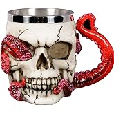 Skull Mug Parasite Octopus Beer Coffee Mugs with Tentacle Handle, Stainless Steel and Resin Tankard Skeleton Cranium Skull Beverage Drinking Cup for Ossuary Macabre Halloween Decorative Accent - 13oz