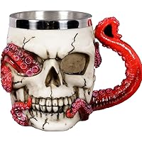 Skull Mug Parasite Octopus Beer Coffee Mugs with Tentacle Handle, Stainless Steel and Resin Tankard Skeleton Cranium Skull Be