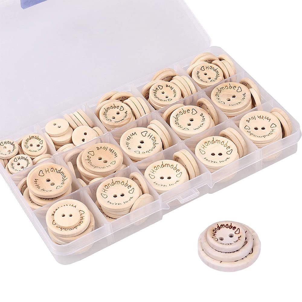 Wooden Buttons for Knitting 150 Pcs Buttons for Baby Cardigans Crafting Handmade with Love for Craft, 2 Holes for Kids DIY Crafts Decorations (15mm20mm25mm)