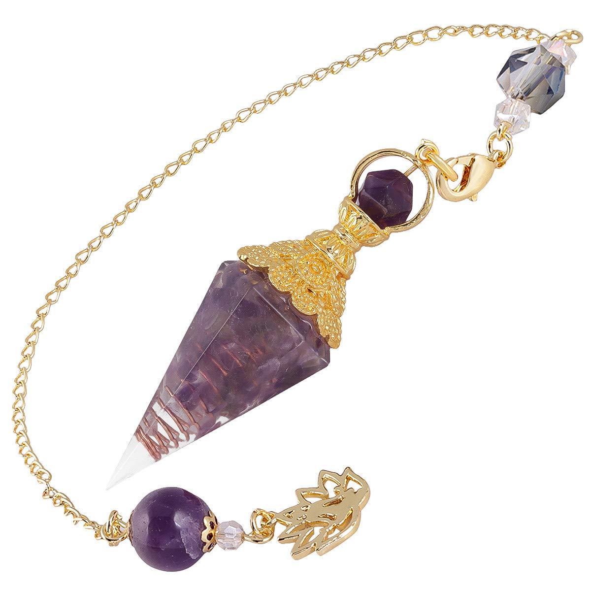 Nupuyai Amethyst Healing Crystal Point Dowsing Pendulum for Divination Scrying, Resin Chip Stone Faceted Hexagonal Pendulum with Chain