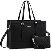 LOVEVOOK Women's 15.6 inch Laptop Tote, Waterproof PU Leather Computer Work Bag, Large Capacity Business Office Tote Black