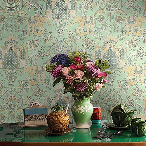 prior.choice 10X0.53M Indian Elephant Temple Taj Mahal 4 Colors Waterproof Embossed Textured PVC Wallpaper Roll for Bedroom Livingroom 1.73' W x 32.8' L=5.3㎡ (57sq.ft) (Green)
