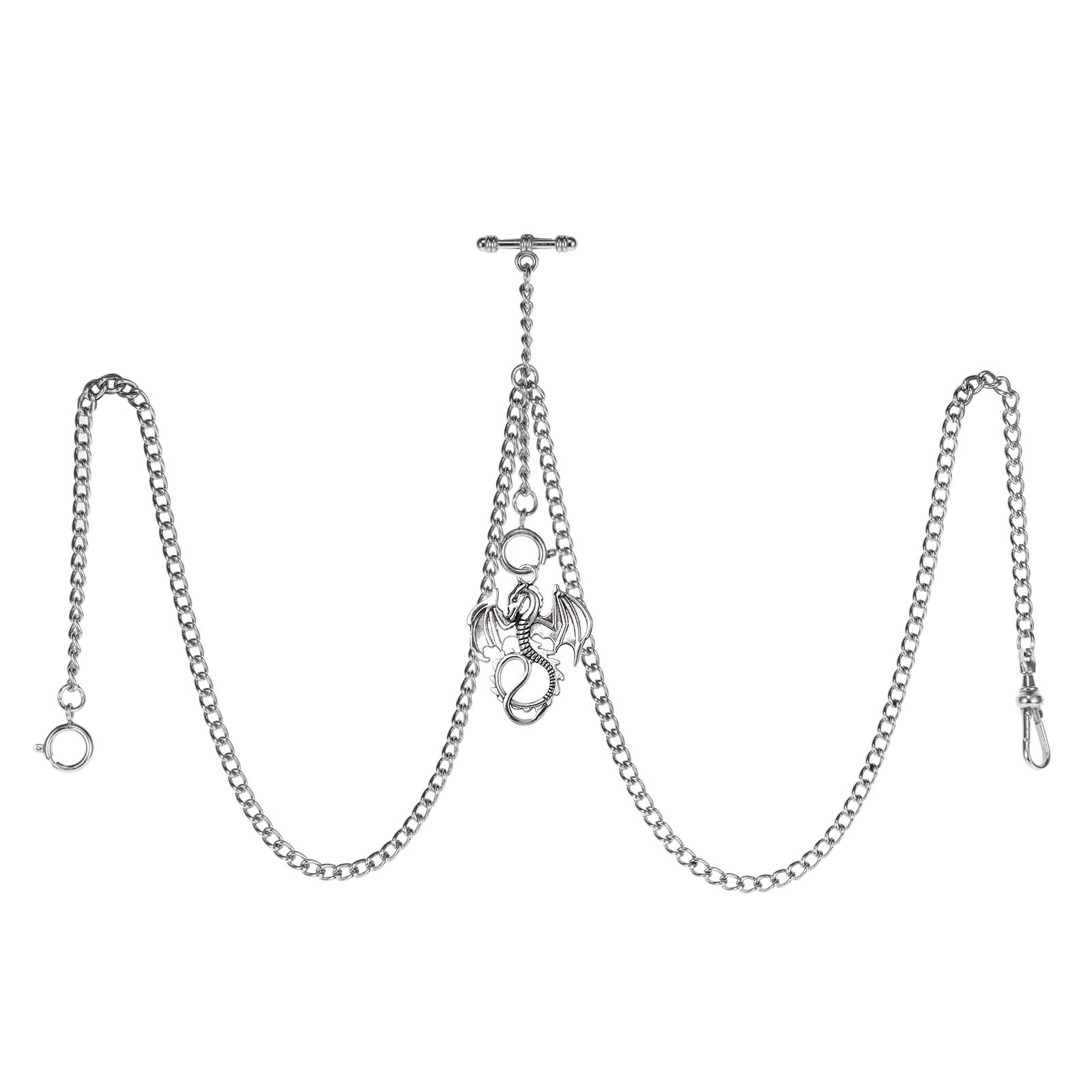 TREEWETO Men's Double Albert Chain Pocket Watch Curb Link Key Chain 3 Hooks with Antique Dragon Silver Pendant Design Charm Fob T Bar