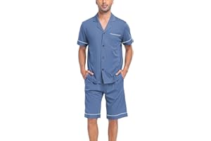COLORFULLEAF Men's 100% Cotton Short Sleeve Pajama Sets Button Down Notched Collar Sleepwear Soft Lounge Pjs with Pockets
