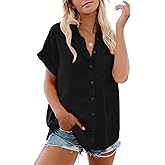 Womens Button Down Casual Shirts Cotton Short Sleeve Blouses Solid Summer Tops with Pocket