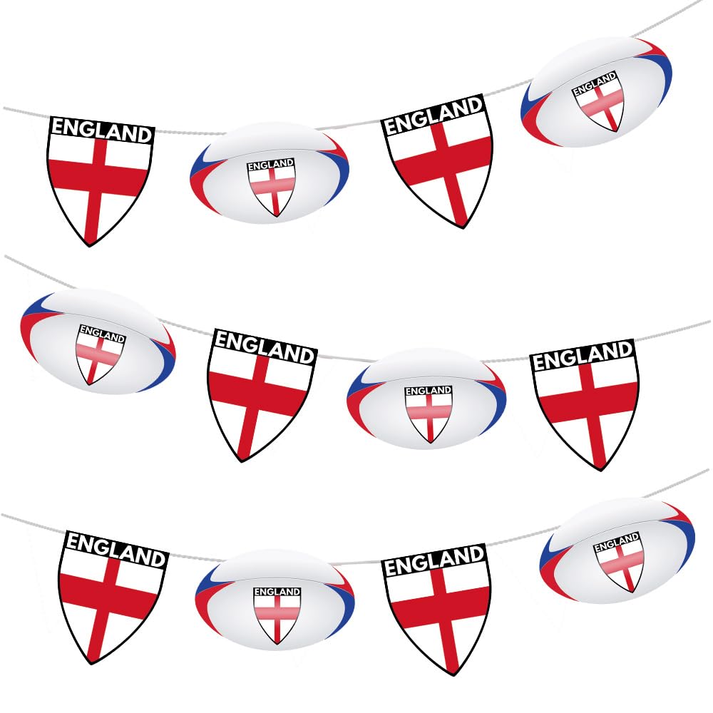 AK Giftshop England Rugby Flag Ball Bunting Party Decorations World Cup, Six Nations - 12pcs / 2.5m Ribbon