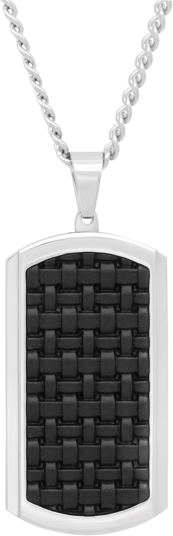 Men’s Stainless Steel Black Leather Basket Weave Inlay Dog Tag Pendant with Curb Chain Necklace, 24-inches