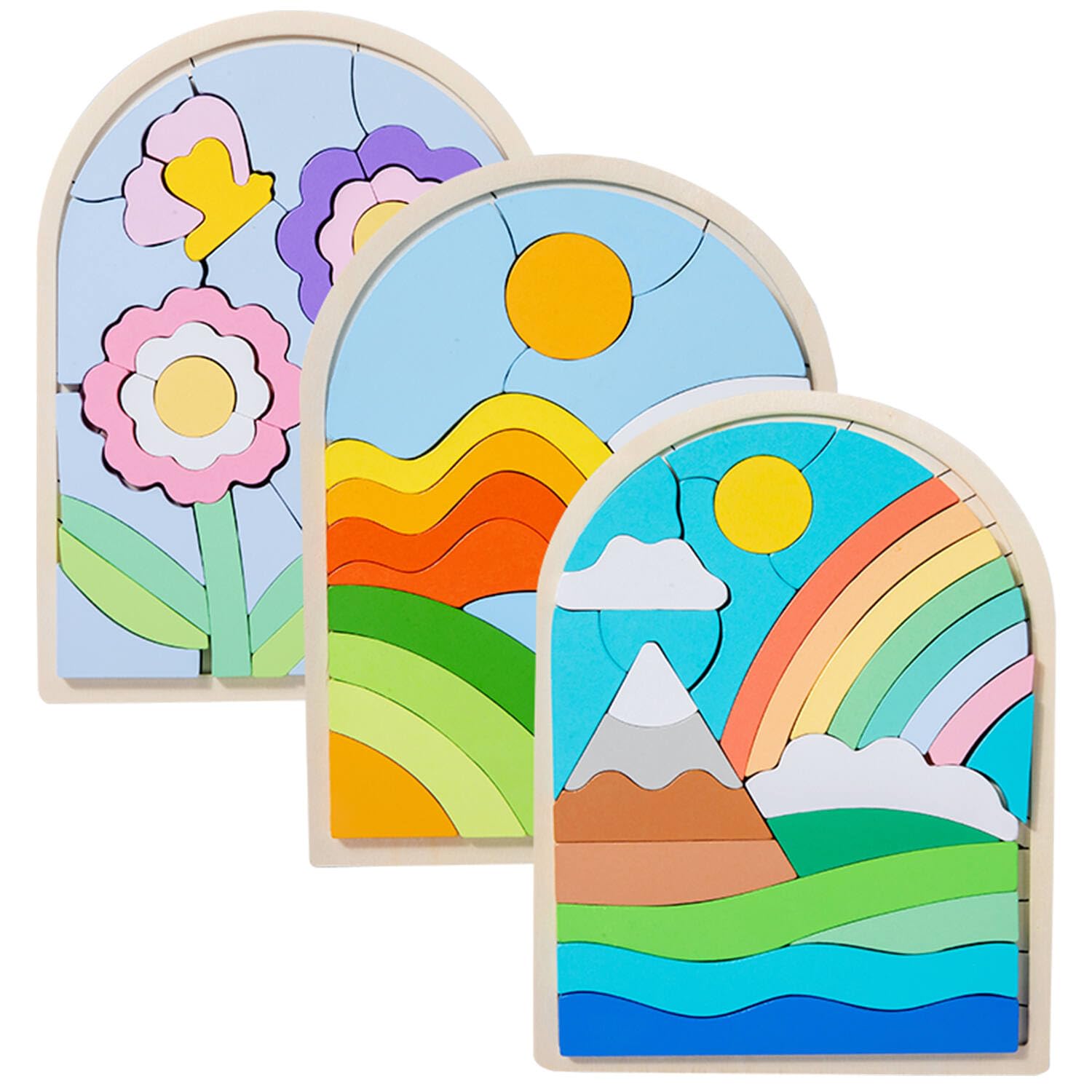 Photo 1 of 3 Pack Montessori Wooden Shape Puzzles - Color Matching & Cognition Fun for Kids Over 3 Years Old, with Rainbow Blocks & Themes (Flower, Rainbow, Sunrise), Fine Motor Skill Building Toys & Gifts