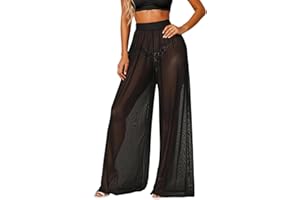 Women Ruffle Sheer Mesh Pants See Through Bikini Bottom Swimsuit Cover up Wide Leg Beach Pants