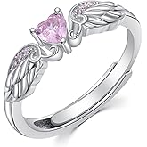 EUSJ Angel Promise Ring 925 Sterling Silver Angel Wing Heart Ring for Women Angel Memorial Ring with Heart Birthstone Promise Ring Adjustable Size 7