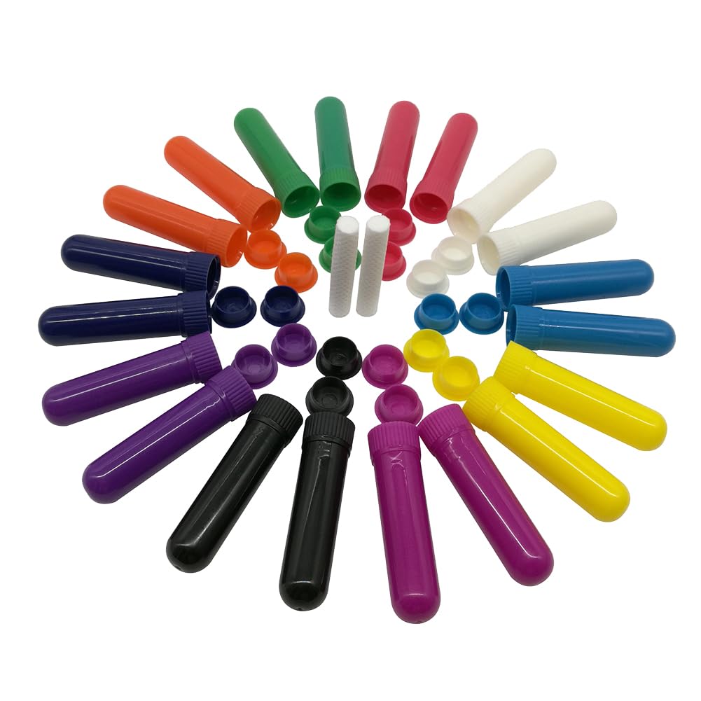 FSSTUD 24 Pcs Colorful Essential Oil Nasal Inhalers Blank Aromatherapy Inhaler Tubes Empty Nasal Inhaler Tubes Refillable Nose Inhaler Stick with Unscented Wicks