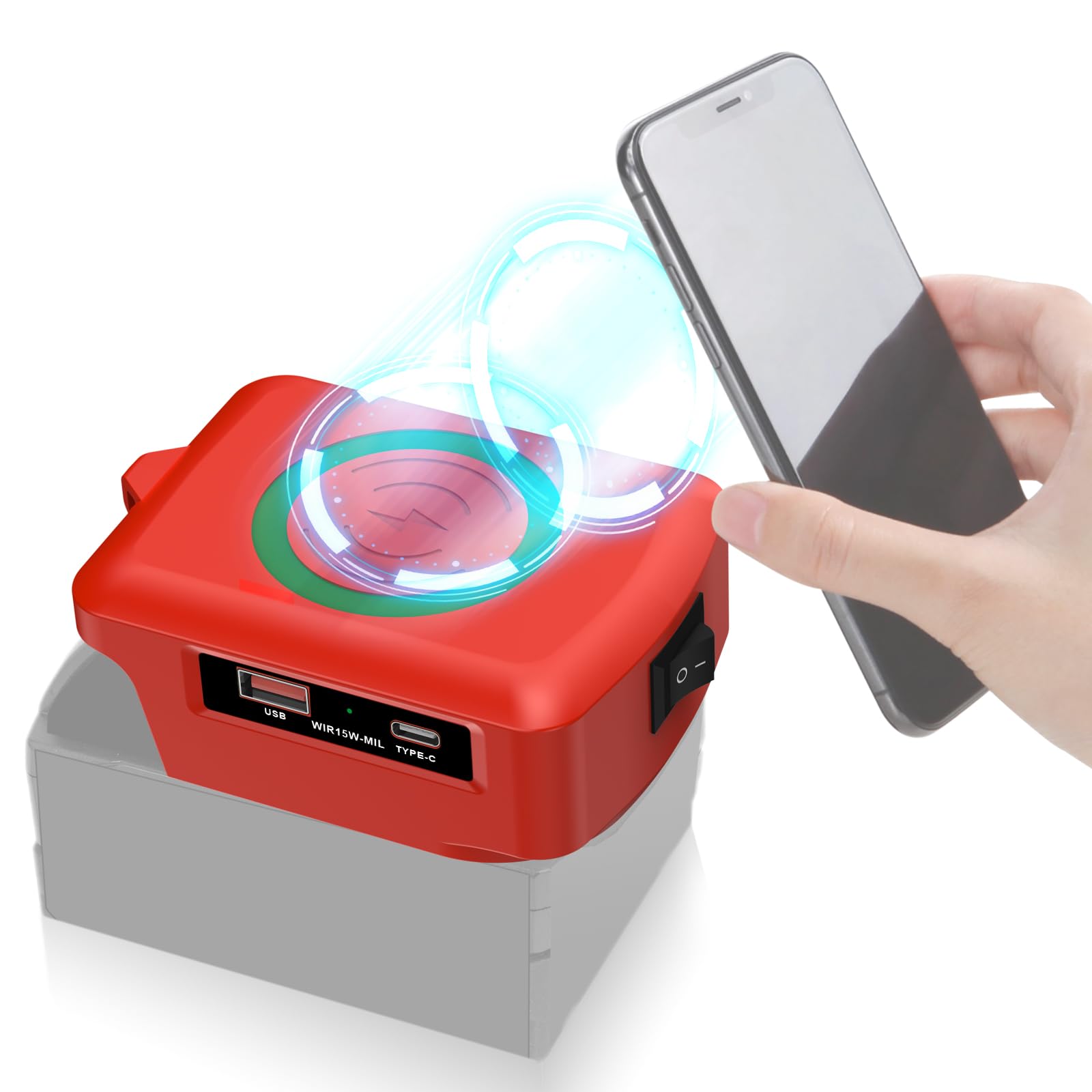 Photo 1 of Wireless Charger Adapter,for Milwaukee 18V M18 Battery,15W Max Wireless Charging Adapter for iPhone for Cell Phone,with USB-A&USB-C 2.1A Fast Charge Ports,Wireless Chargers Using Tool Battery