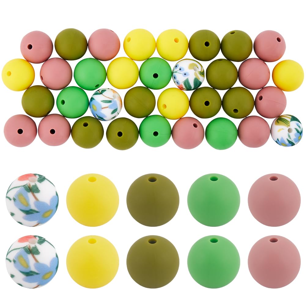 SOFPLATE 50Pcs 1 Box Green Silicone Bead 15mm Silicone Beads Bulk Large Rubber Forest Tree Pink Yellow Bubblegum Focal Loose Bead for jewellery Making Beaded Key Chain Friendship Party Diy Crafting