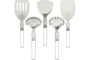 Kakalote Camping Kitchen Utensil Set,5Pcs Stainless Steel Portable Folding Outdoor Cooking Utensil,Camping Utensils Set,Camping Cooking Utensils,for RV Car,Tent Campers,Outdoor Picnics BBQ