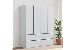 WonderWard 74.2" H Wardrobe Closet with 4 Doors, Armoire Wardrobe Closet with 4 Large Storage Drawers, Wooden Bedroom Armoires, Tall Closet Storage Wardrobe Cabinet, White Closet Wardrobe