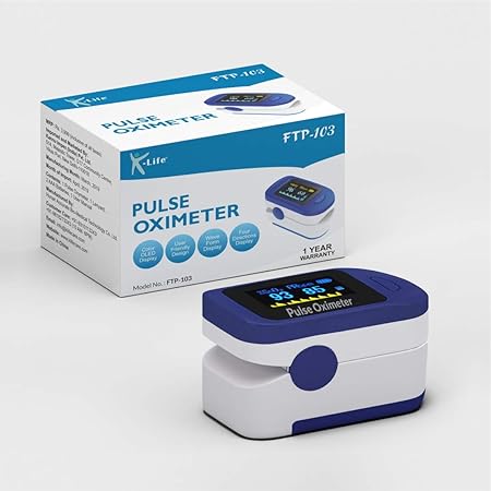 K-Life FTP-103 Finger Tip Pulse Oximeter measuring SpO2 and Pulse Rate suited for Adults (Blue Colour, 1 unit in box comes along with accessories)