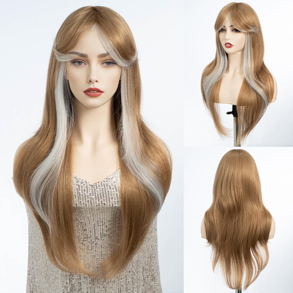 DÉBUT Long Blonde Wig With Fringe for Women Heat Resistant Synthetic Layered Hair Wigs With Bangs for Daily Party Cosplay Use（26 inches, HL24R/1001E）