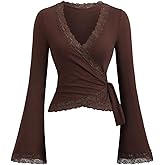MakeMeChic Women's Wrap Blouse Pilates Workout Top Lace Trim Bell Sleeve V Neck Shirt