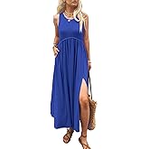 Mieazom Women's Maxi Dress Summer Sleeveless Crewneck Swing Sundress Casual Loose Long Dresses with Pockets