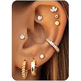 Hypoallergenic Flat Back Earrings Stacks for Women - Surgical Steel Studs Small Hoop Flatback Stud Cartilage Earring Sets for Multiple Piercing Jewelry 14K Gold/Silver Plated 9Pairs