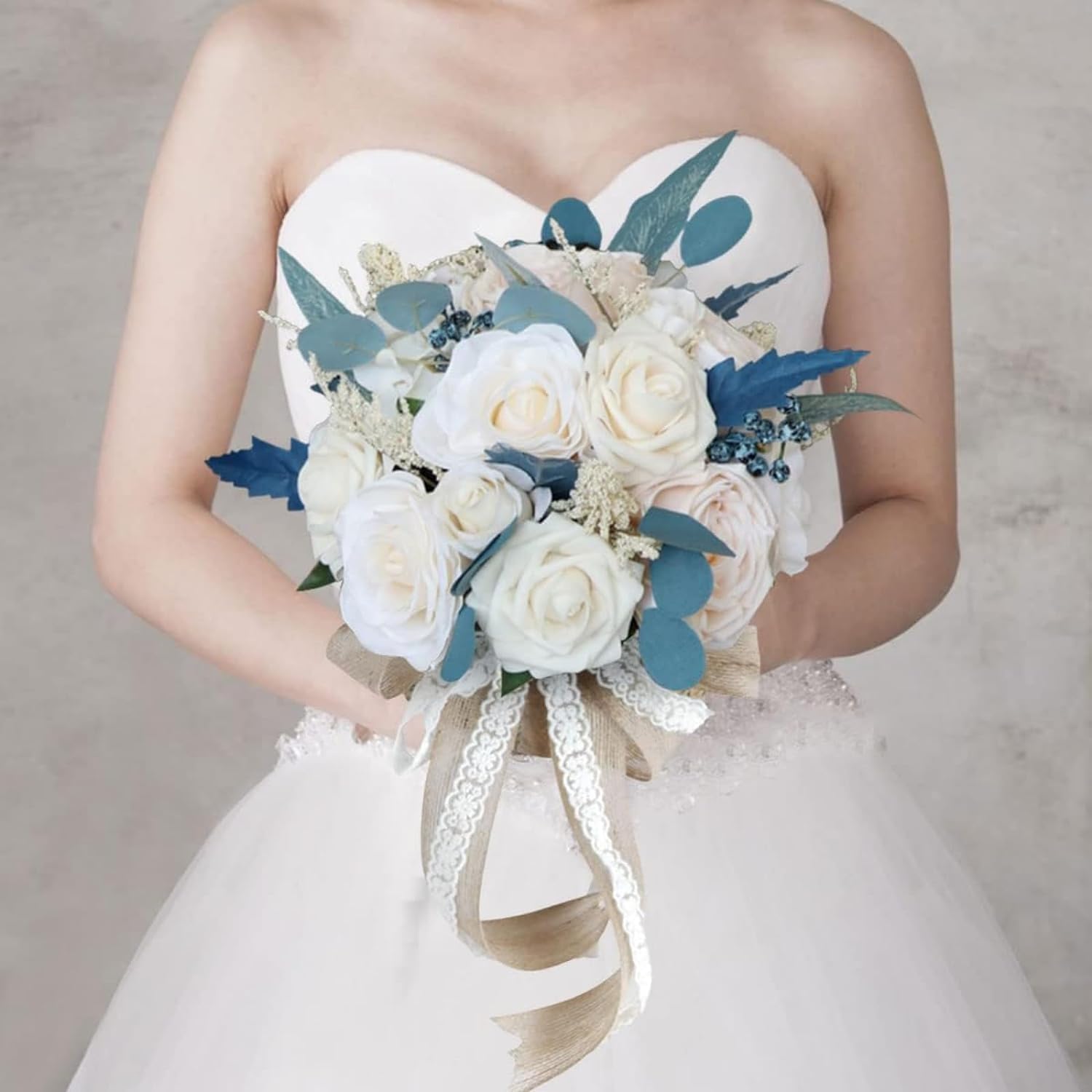 Huilimei Wedding Bouquet Hemispherical Peacock Blue Rose Artificial Bridal Bridesmaid Bouquet Romantic Wedding Flowers for Wedding Ceremonies And Church Home Decor