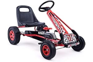 HONEY JOY Go Kart for Kids, 4 Wheel Quad Off-Road Pedal On Foot Go Cart w/Steering Wheels & Adjustable Seat, 2 Safety Brakes, EVA Tires, Clutch, Outdoor Racer Ride On Pedal Car (Red)