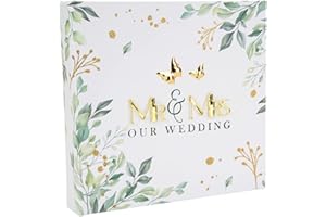 Happy Homewares Ivory White Wedding Photo Album with Shiny Gold 3D Mr and Mrs Letters and Green Floral Decoration | 50 Photographs 4" x 6"