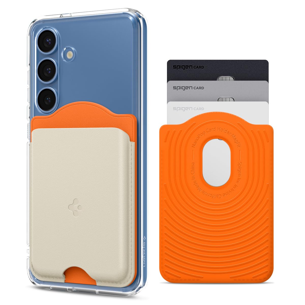 Spigen Magnetic Wallet Card Holder (MagFit) Designed for Galaxy Z Fold 7, S25, Plus, Ultra, Edge & S24 Series and iPhone 16/15/14/13/12, Holds up to 3 Cards - PU Orange Beige (NanoPop)