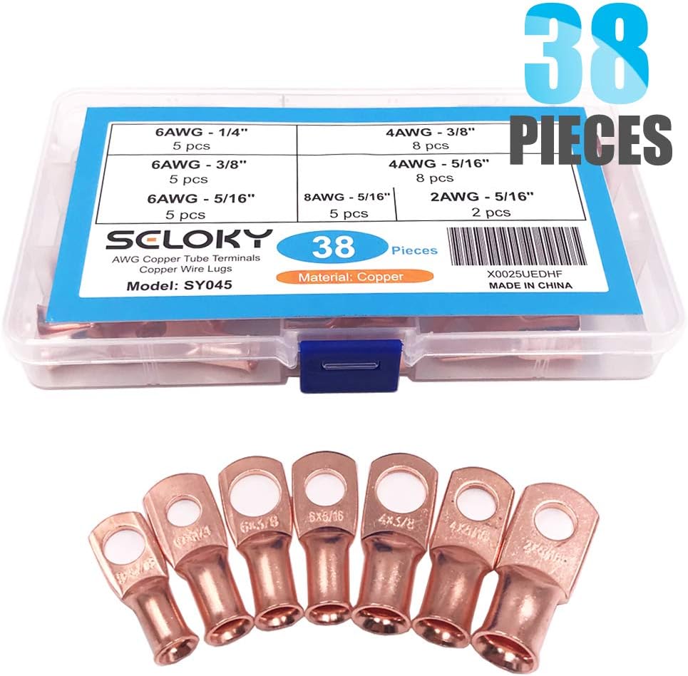 Seloky 38pcs 7 Types Heavy Duty Wire Lugs Battery Cable Closed Ends Bare Copper Eyelets Tubular Ring Terminal Connectors Assortment Kit