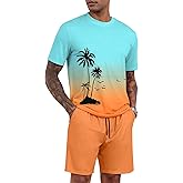 LecGee Men's 2 Piece Short Sleeve Tracksuit Tropical Graphic T Shirt Hawaiian Tee Solid Shorts Set Summer Casual Outfits