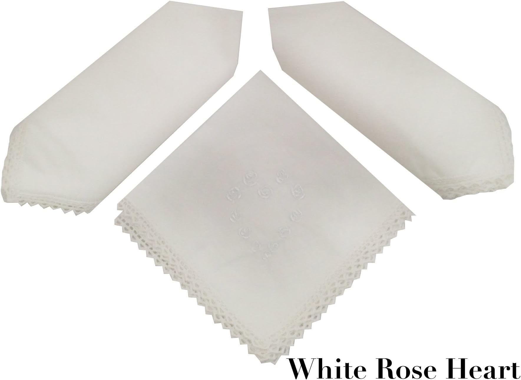 Pack of 3 Beautiful 100% Cotton Ladies Handkerchiefs with Fine Crochet Border (White Rose Heart)