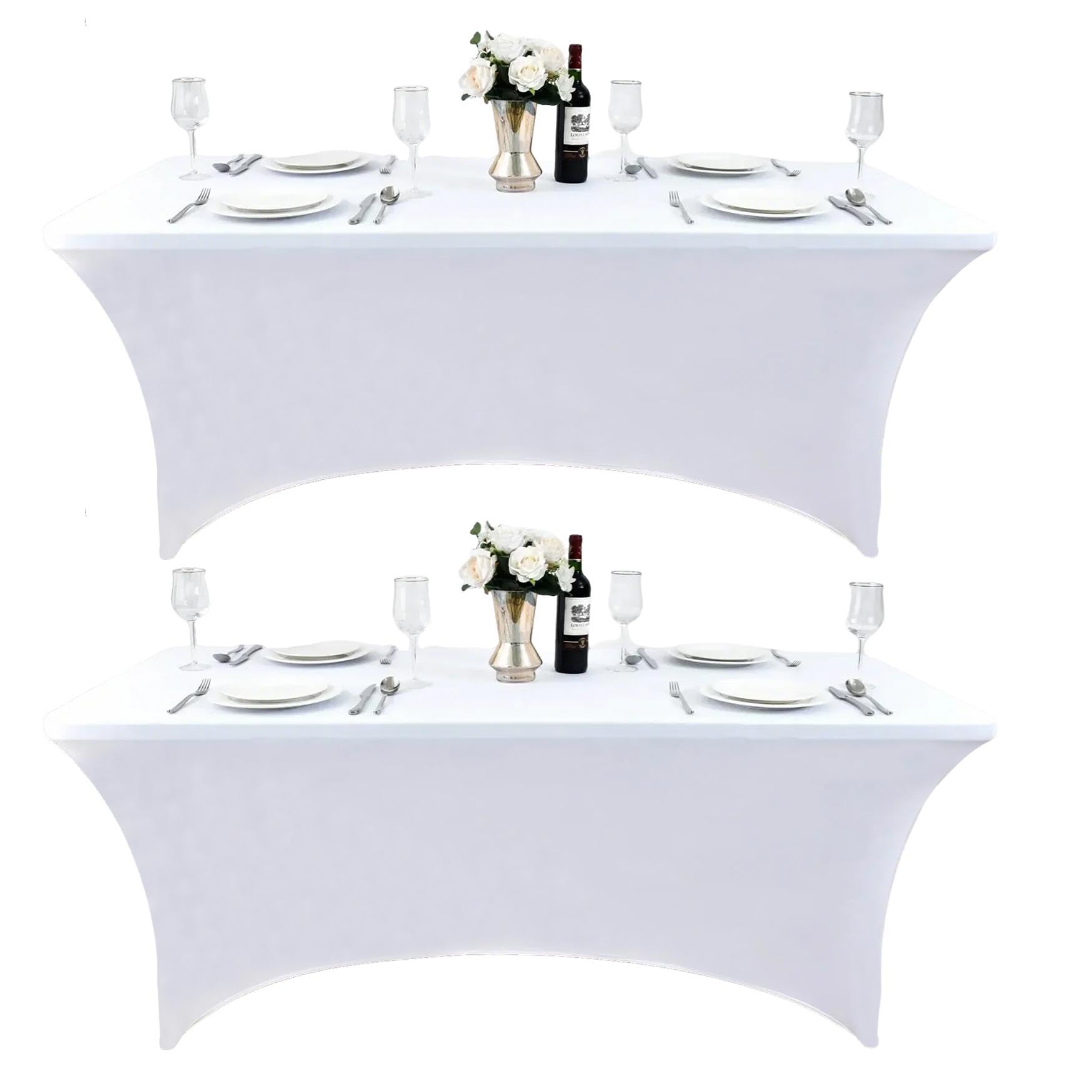 Photo 1 of ZarzaaSik 2-Pack 6ft White Spandex Table Covers for Rectangle Standard Folding Tables - Wrinkle Resistant Stretch Tablecloths - Ultimate Fitted Table Protector for Parties, Trade Shows, Banquet