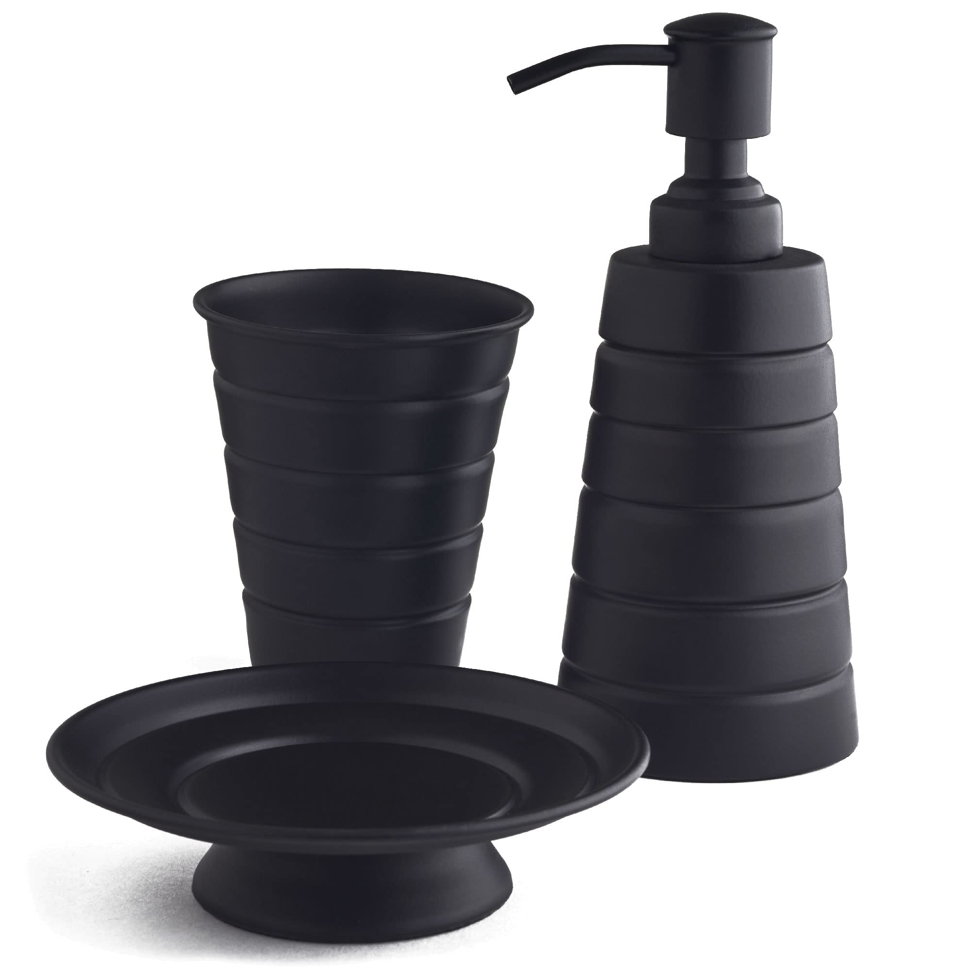 OurHouse Three Piece Bathroom Caddy Set, Accessories Toothbrush Holder, Easy Fill Handwash Lotion Soap Dispenser & Soap Dish, Stylish Colours, Easy To Clean, Modern & Clean Suits Any Bathroom (Black)