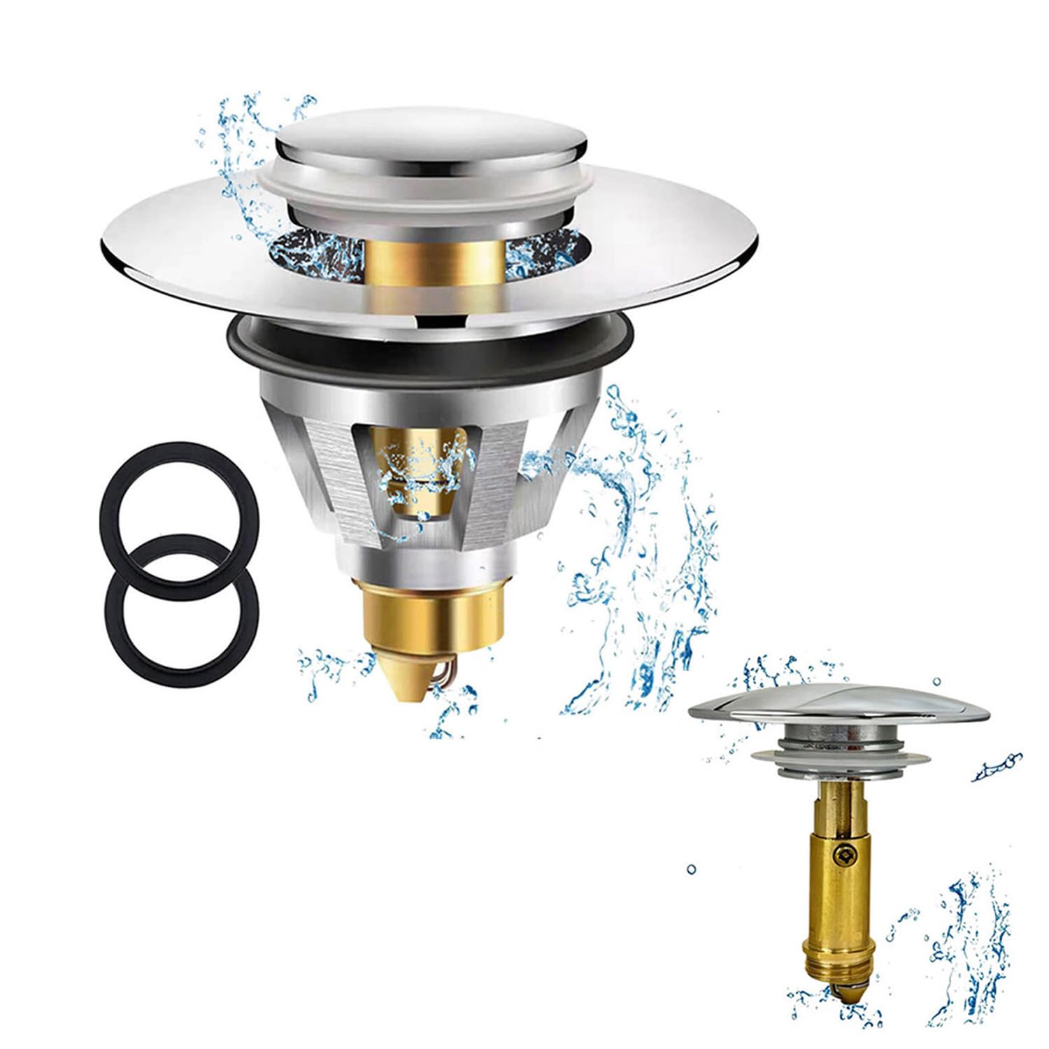 Zesc-Im Sink plug Replacement, Basin Plug With Bounce Core, Brass Pop up Drain Stopper Filter with Basket Hair Catcher, suit for diameter 34-38mm Push Type Sink Strainer for Bathroom Basin