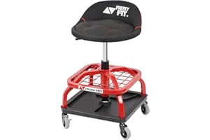 FreekyFit Rolling Shop Stool for Garage with Casters, DO01-Adjustable Height 360° Swivel Shop Seat with Tool Tray Storage, 330 LBS Capacity Padded Mechanic Stool, Red