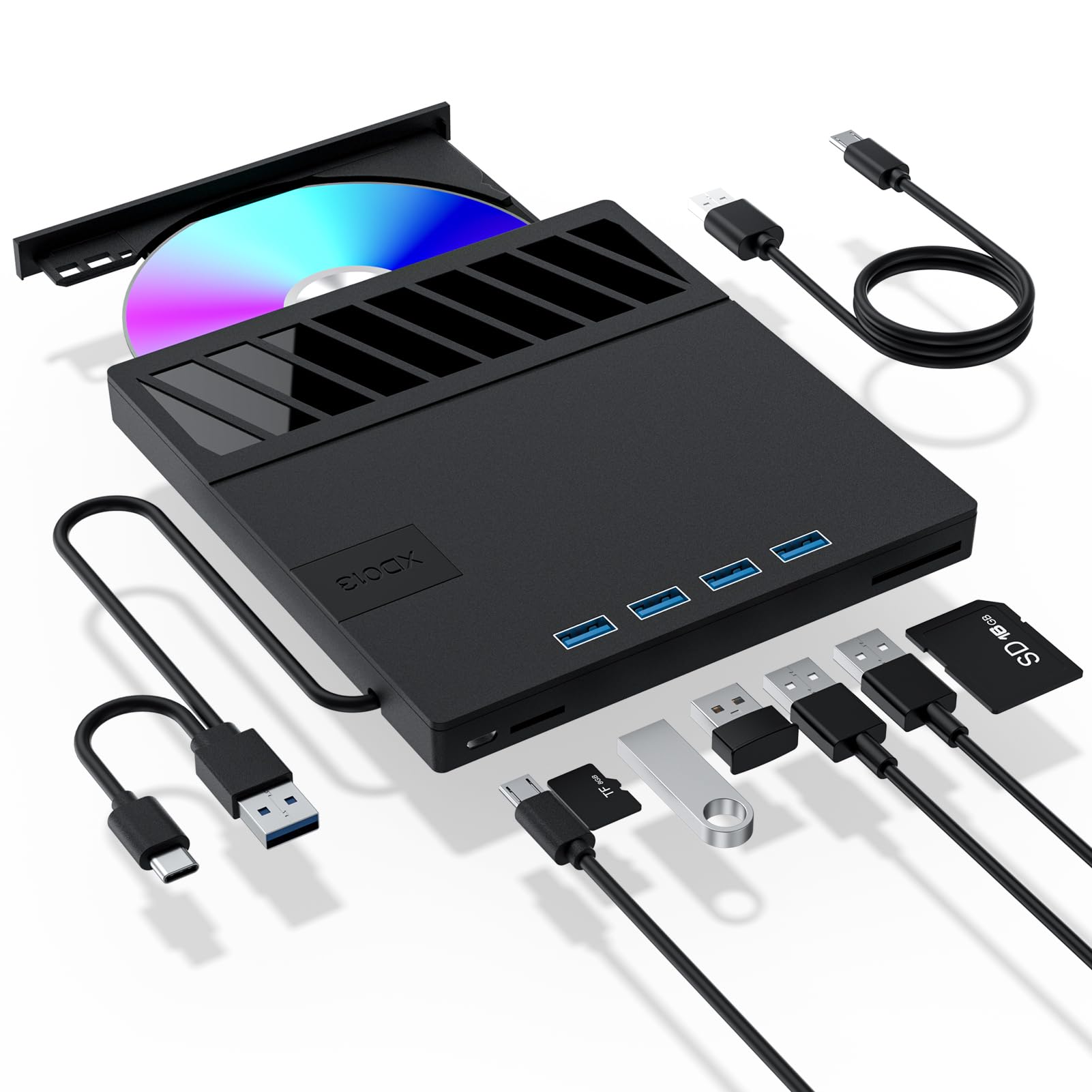 External CD/DVD Drive for Laptop, 7 in 1 USB Ultra-Slim Portable CD/DVD Player Burner, SD TF CD ROM Compatible with External DVD Player for Laptop MacBook, Windows 11/10/8/7 Linux (Black)