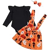 Xuuly Halloween Dress Outfit Newborn Baby Girl Clothes Ruffle Romper Top Suspender Pumpkin Bat Ghost Skirt Set Headban