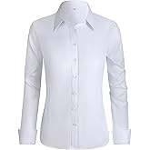 BBIBBI Women's Stretch Long Sleeve Button Down Dress Shirts Solid Business Casual Work Blouse (Classic, Cropped & Tall)