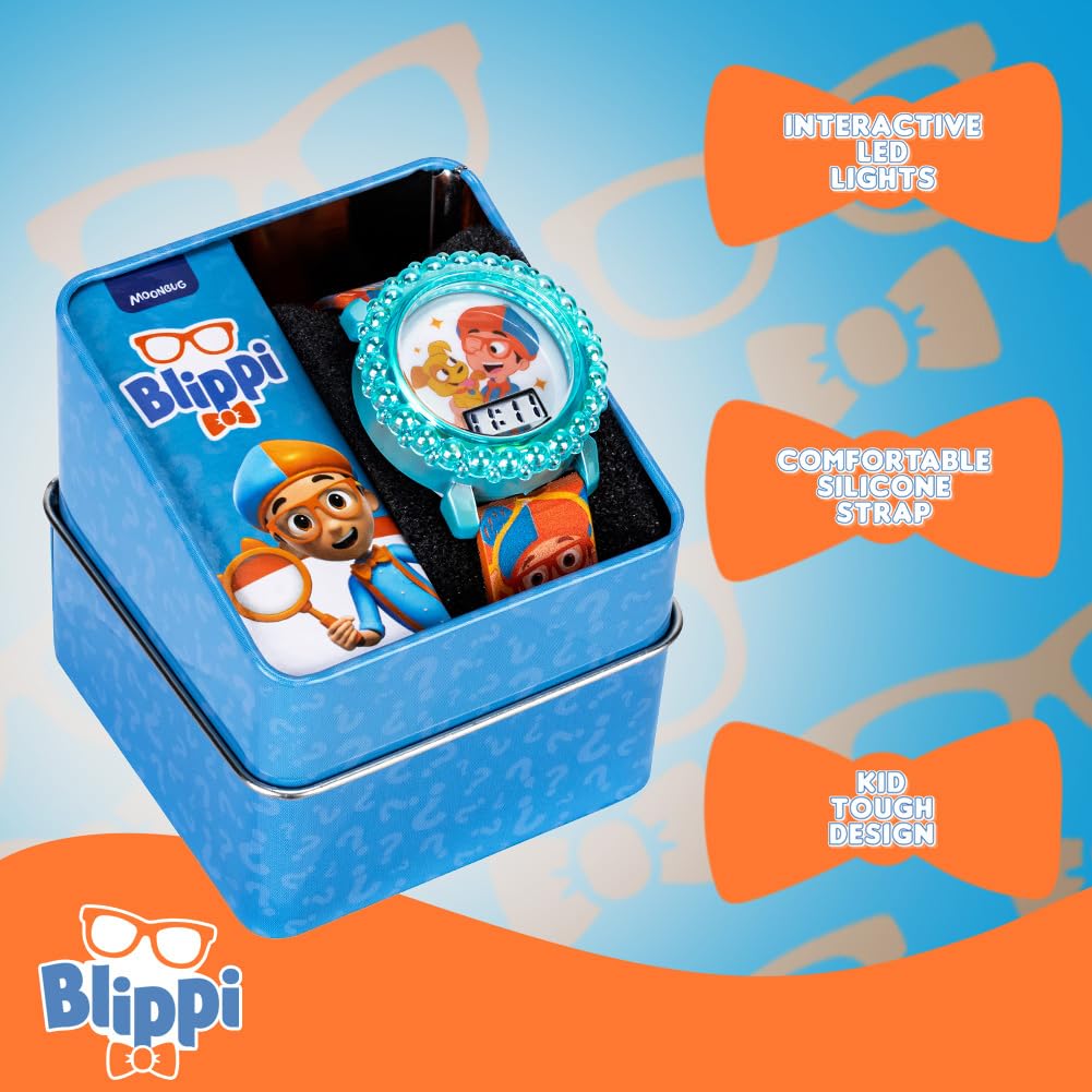 Accutime Blippi Educational LCD Watch for Kids - Flashing LED Lights, Colorful Learning Accessory, Comfortable Strap, with Bonus Gift Tin