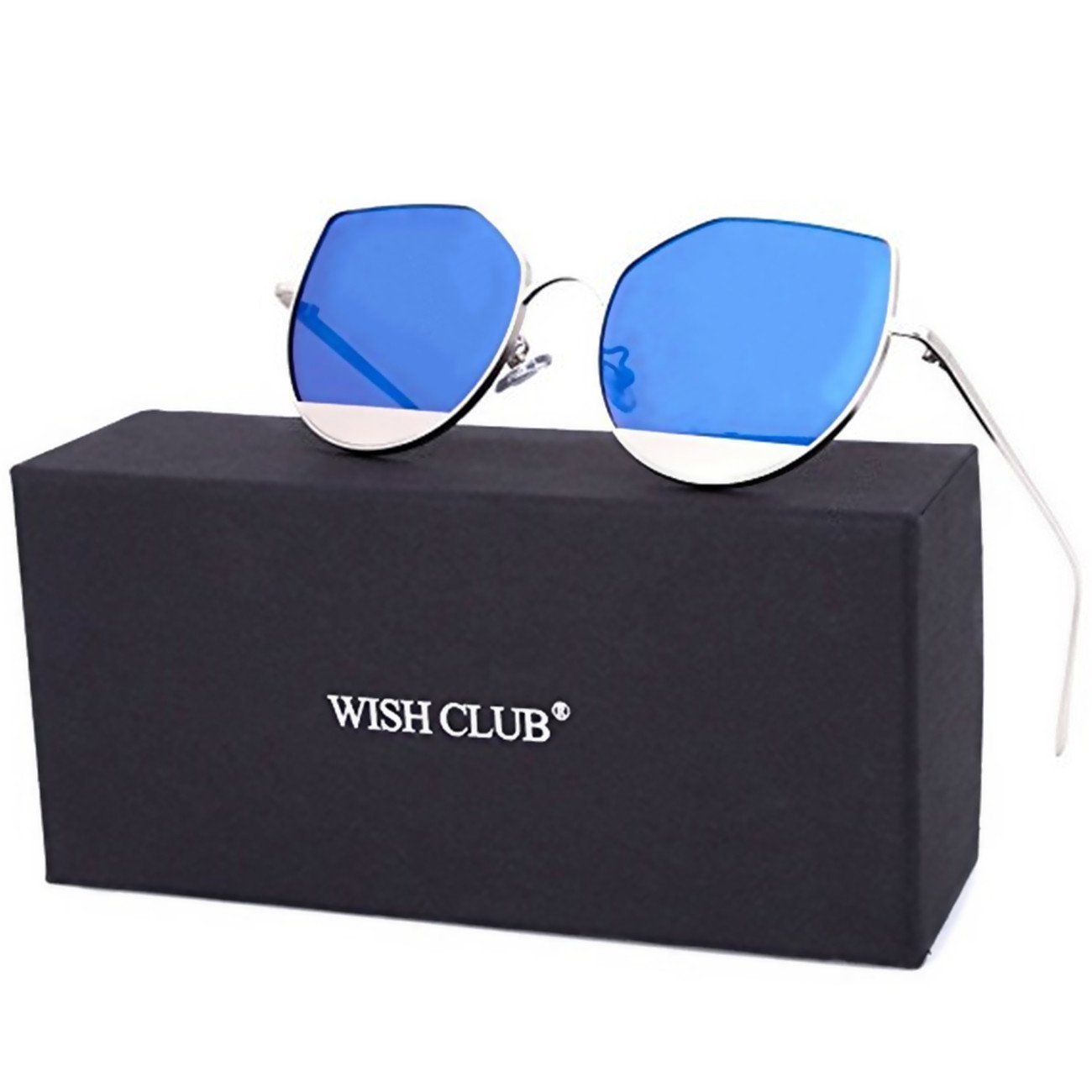 WISH CLUB Cat Eye Sunglasses Coating Mirrored Flat Lenses Fashion Metal Frame Women UV 400 (Blue)
