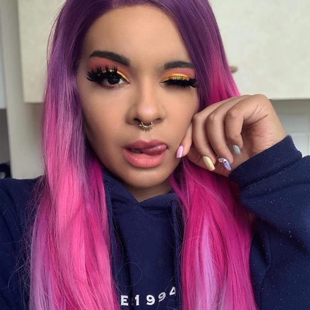 AFBeauty Pink Purple Lace Front Wigfor Girls Synthetic Long Straight Rainbow Pre Plucked Wig Natural Hairline Free Part Wig Heat Resistant Fiber Cosplay Makeup Party Soft Wigs — image 1