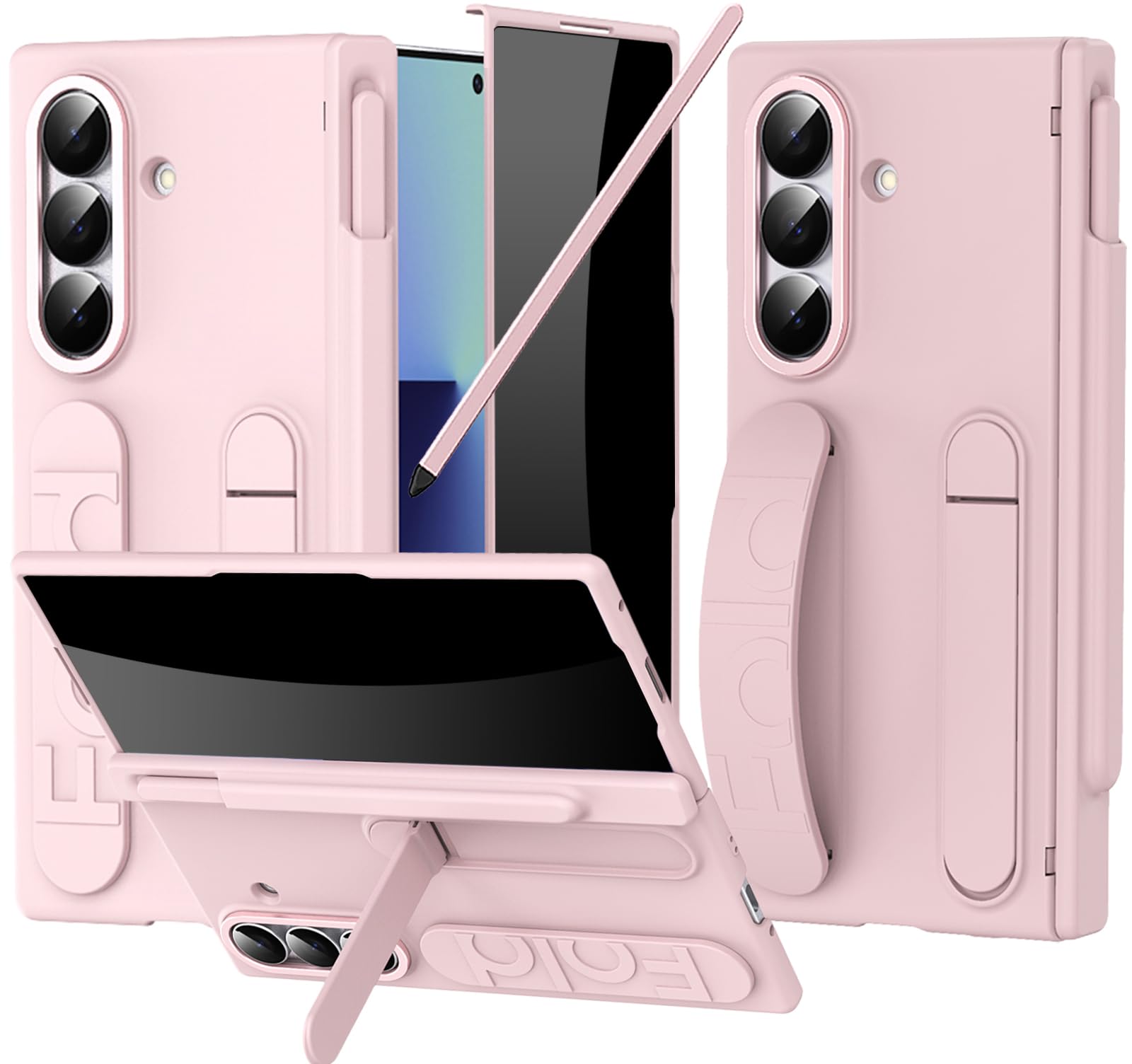 Photo 1 of YQODSZ Finger Strap for Samsung Galaxy Z Fold 7 Case with S Pen Holder & Stylus, Z Fold 7 Hand Strap Case Built in Privacy Screen Protector Kickstand Hinge Cover Wristband Cover for Z Fold 7 Pink