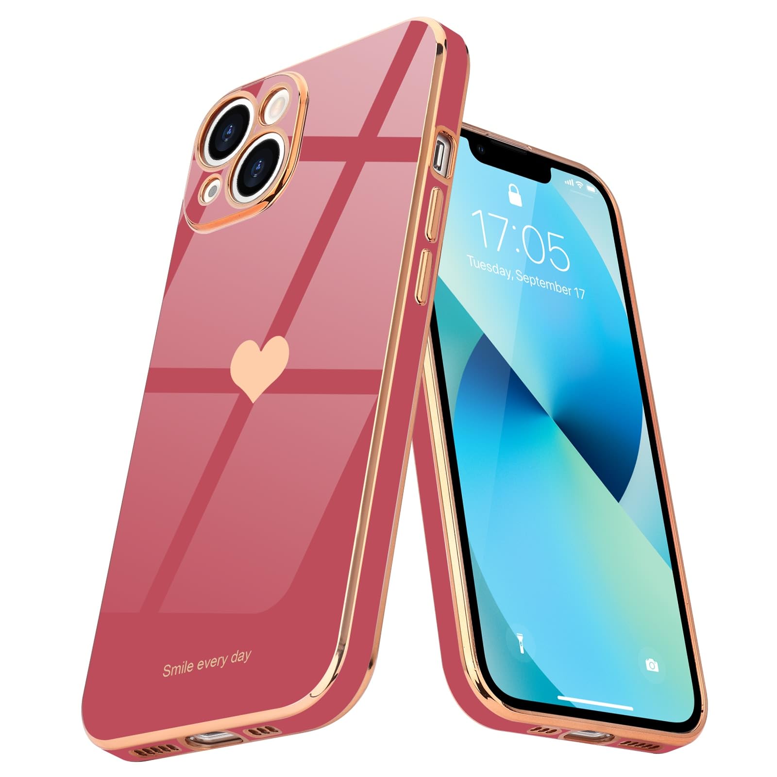 Teageo for iPhone 13 Case Cute Heart Pattern for Women Girls Slim Luxury Bling Plating Soft TPU Anti-Scratch Shockproof Bumper Phone Case for iPhone 13, Bright Blush