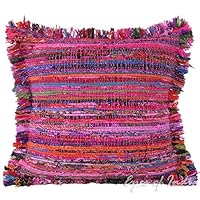 Eyes of India - 16" Pink Chindi Rag Rug Decorative Pillow Throw Sofa Cushion Cover Couch Bohemian Indian Colorful Boho Cover ONLY